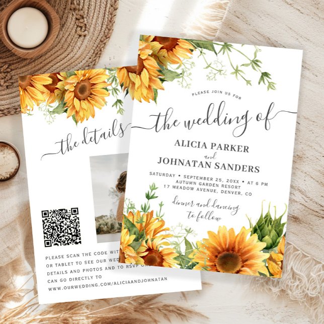 Boho floral sunflower black and white wedding einladung (Von Creator hochgeladen)