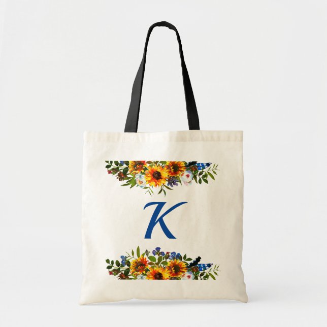 Boho Floral Sunflower Monogram Bridesmaid Tragetasche (Vorne)