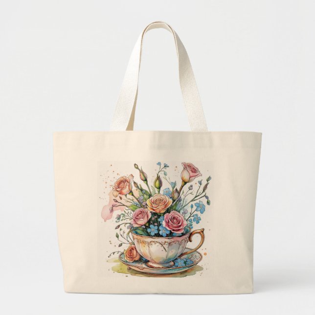 Boho Floral Teacup - Whimsikische Blume Kunstmuseu Jumbo Stoffbeutel (Vorne)