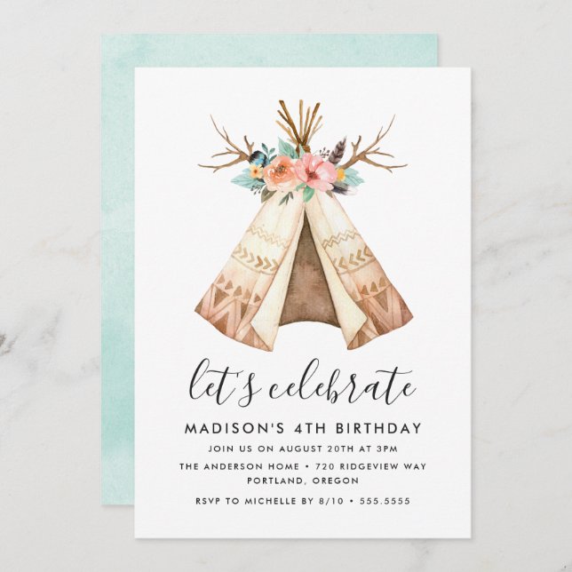 Boho Floral Teepee | Invitation de fête d'annivers (Devant / Derrière)
