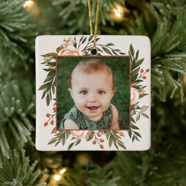 Boho Floral Terracotta Foto Weihnachten Keramikornament (Baum)