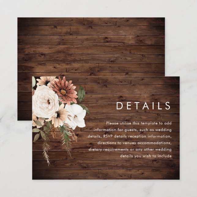 Boho Floral Terracotta Rustikales Holz Hochzeiten  Begleitkarte (Vorne/Hinten)