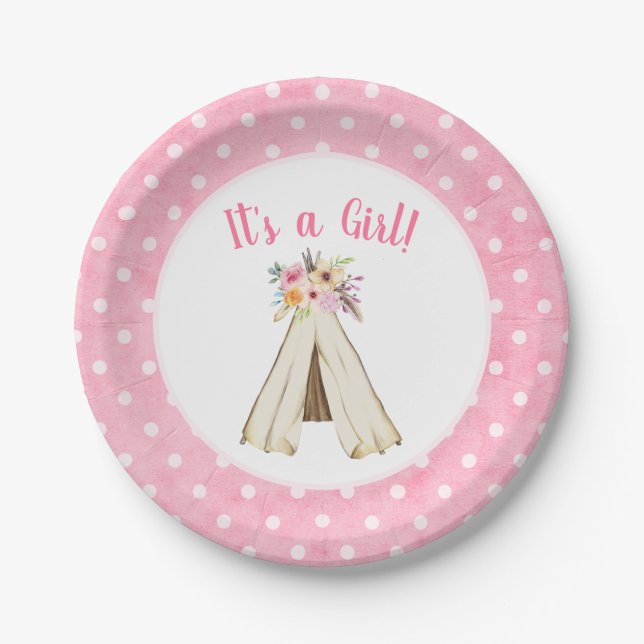 Boho Floral Tribal Teepee Girl Baby Dusche Pappteller (Vorderseite)