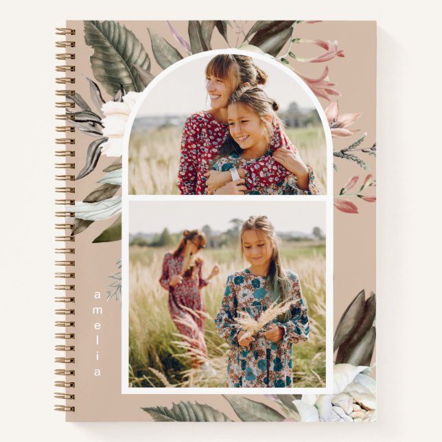 Boho Floral Two Foto und Name Notizbuch (Vorderseite)