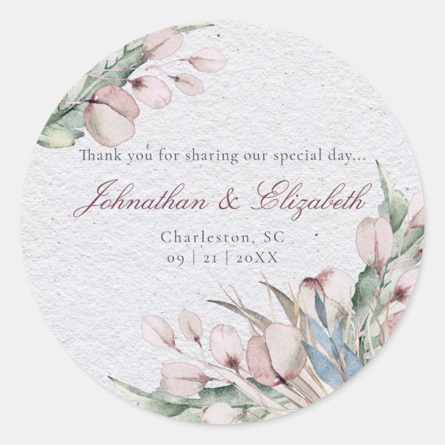 Boho Floral und botanische Gastgeschenk Hochzeit Runder Aufkleber (Vorderseite)