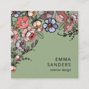 Boho Floral und Foliage Green Quadratische Visitenkarte