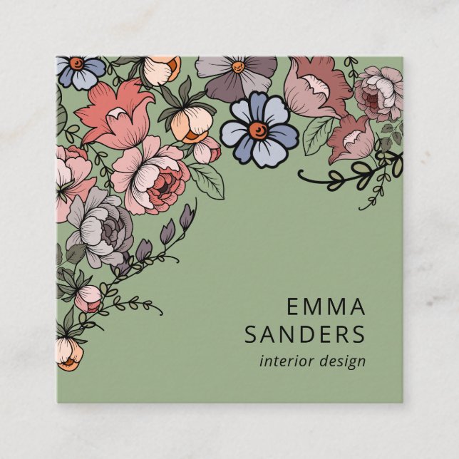 Boho Floral und Foliage Green Quadratische Visitenkarte (Vorderseite)