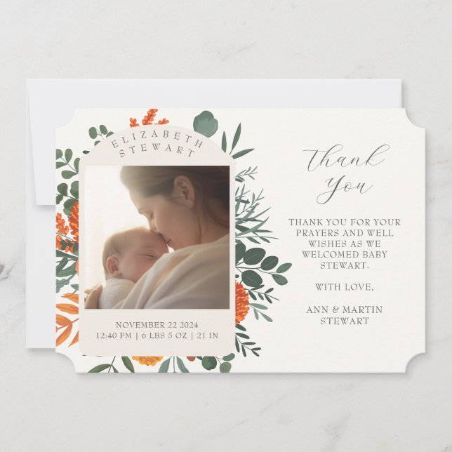 Boho Floral Vielen Dank Baby Birth Ankündigung (Vorderseite)