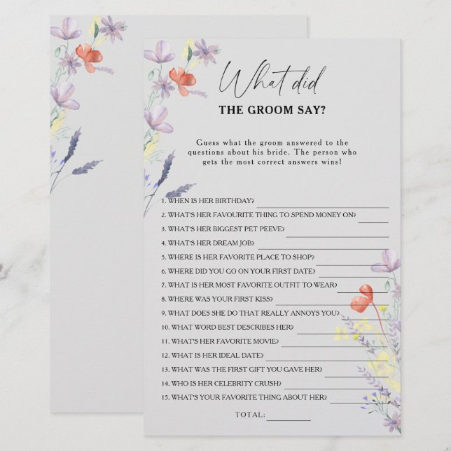 Boho Floral Was hat der Bräutigam gesagt Bridgame (Vorne/Hinten)