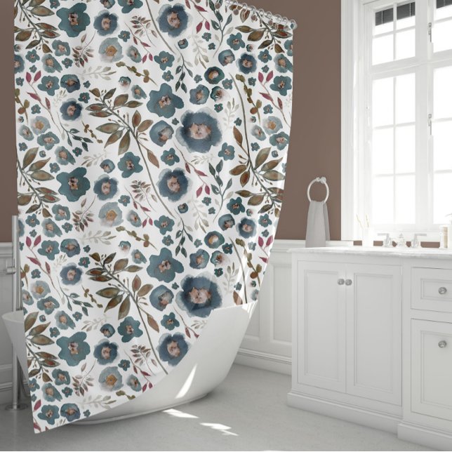 Boho Floral Watercolor Duschvorhang (Boho Brown Cranberry Deep Blue Floral Pattern Shower Curtain from Studio Posies.)