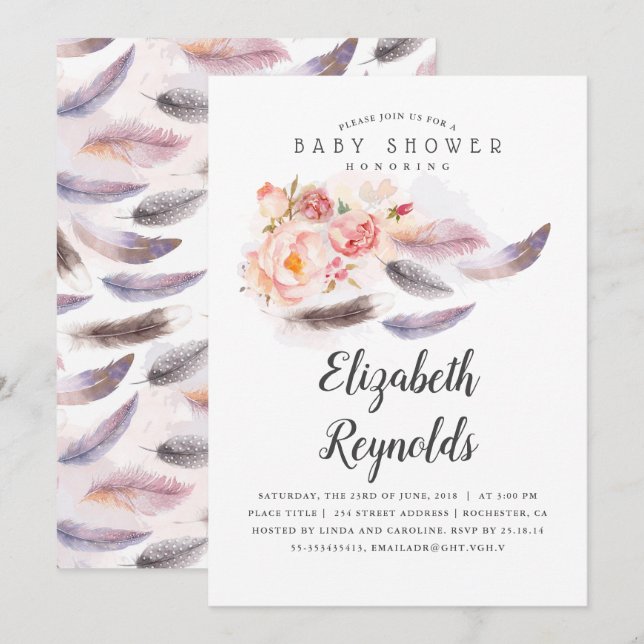 Boho Floral Watercolor Feathers Babydusche Einladung (Vorne/Hinten)