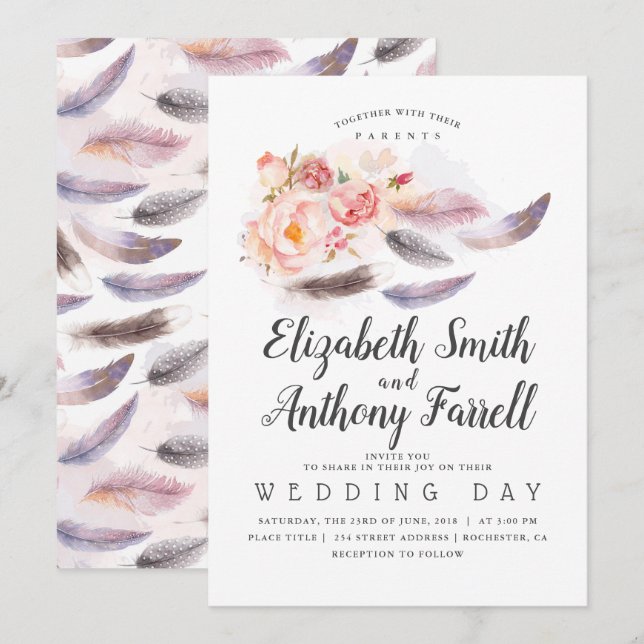 Boho Floral Watercolor Feathers Wedding Einladung (Vorne/Hinten)
