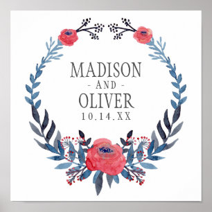 Boho Floral Watercolor Red Roses   Wedding Poster