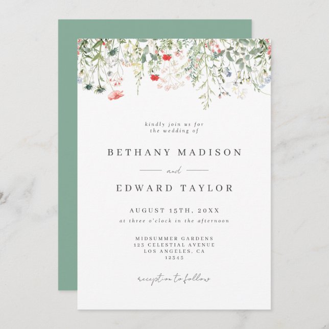 Boho Floral Wedding Einladung (Vorne/Hinten)