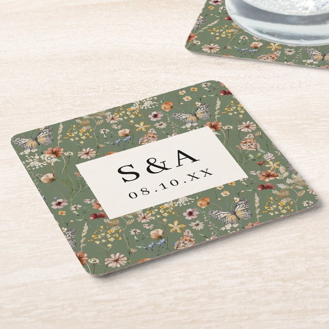 Boho Floral Wedding Rechteckiger Pappuntersetzer (Boho Sage Green Watercolor Floral Wedding Square Paper Coaster by Painted Paperie
)