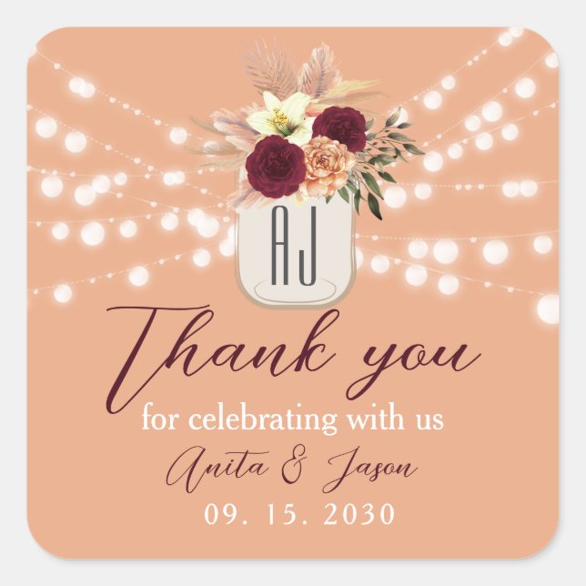 Boho Floral Wedding Vielen Dank Quadratischer Aufkleber (Vorderseite)