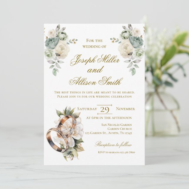 Boho floral wedding with rings einladung (Stehend Vorderseite)