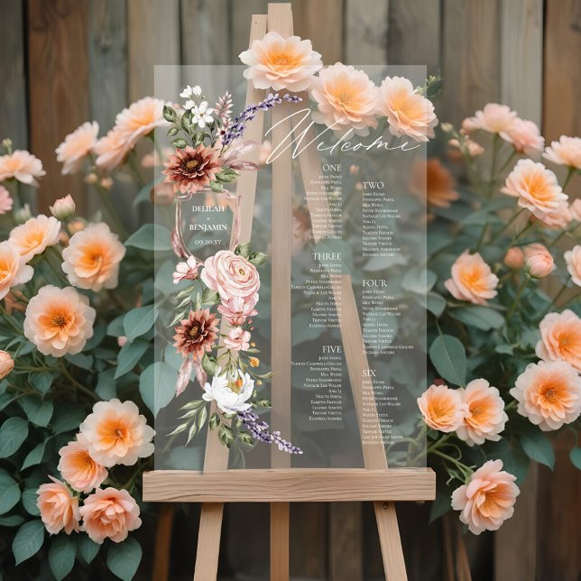 Boho Floral Welcome Mariage 6 Tableau Sièges (Boho Floral Welcome Wedding 6 Table Seating Chart)