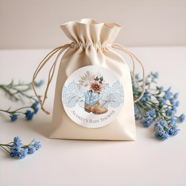 Boho Floral Western Blue Cowboy Boot Vielen Dank Runder Aufkleber (Boho Floral Western Blue Cowboy Boot Thank You Classic Round Sticker)