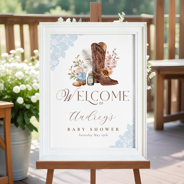 Boho Floral Western Blue Cowboy Boot Willkommen Poster (Boho Floral Western Blue Cowboy Boot Welcome Poster)