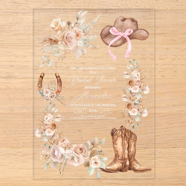 Boho Floral Western Brautparty Acryleinladungen (Vorderseite)