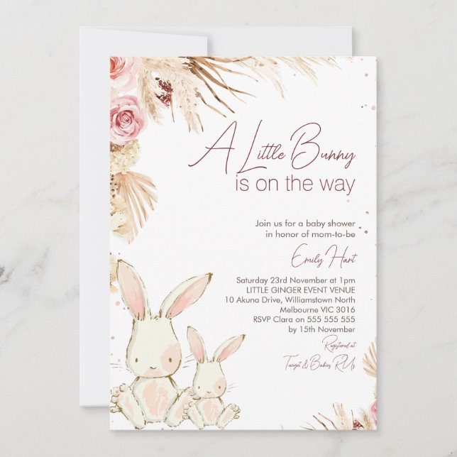 Boho Floral White Bunny Baby shower Invitation (Devant)