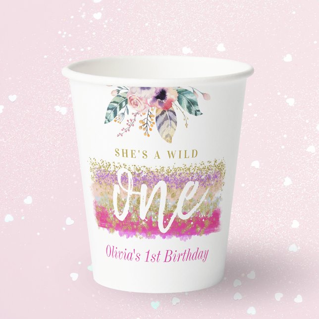 Boho Floral Wild One Girls erste Geburtstagsparty Pappbecher (Von Creator hochgeladen)