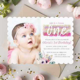 Boho Floral Wild One Girl's erstes Geburtstags-Fot Einladung