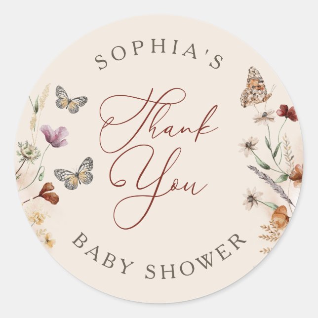 Boho Floral Wildblume Babydusche Vielen Dank Runder Aufkleber (Vorderseite)