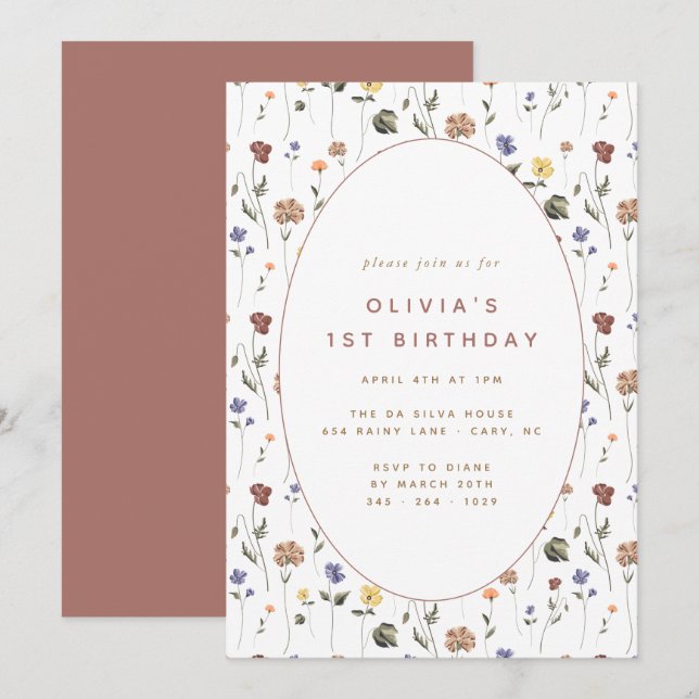 Boho Floral Wildblume Birthday | Einladung (Vorne/Hinten)