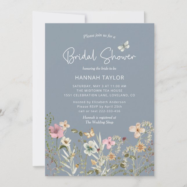 Boho Floral Wildblume Dusty Blue Brautparty Einladung (Vorderseite)