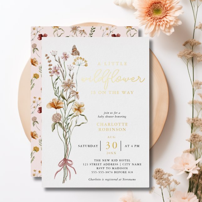 Boho Floral Wildflower Girl Baby Shower Gold Folieneinladung (Boho Floral Wildflower Girl Baby Shower Gold Foil Invitation)