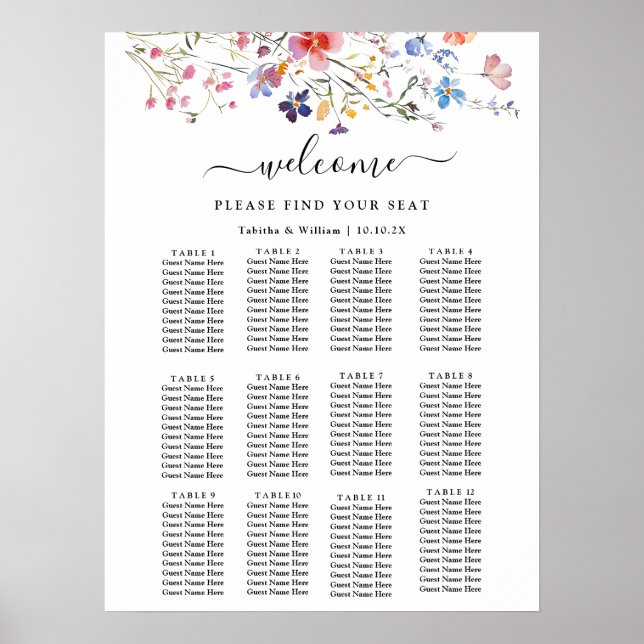 Boho Floral wildflower wedding Seating Chart Poster (Vorne)