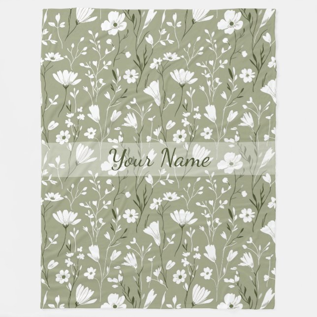 Boho Floral Wildflowers Sage Green Personalized  Fleecedecke (Vorderseite)