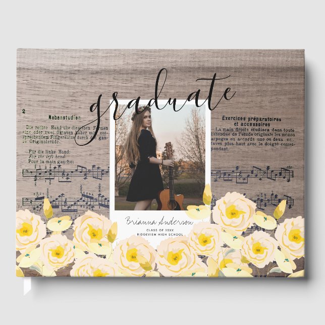 Boho Floral Wood Music Foto Abschluss Gästebuch (Vorderseite)