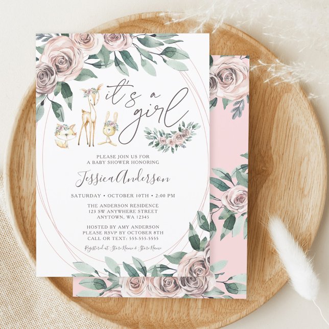 Boho Floral Woodland Animals Girl Baby Shower Einladung (Von Creator hochgeladen)