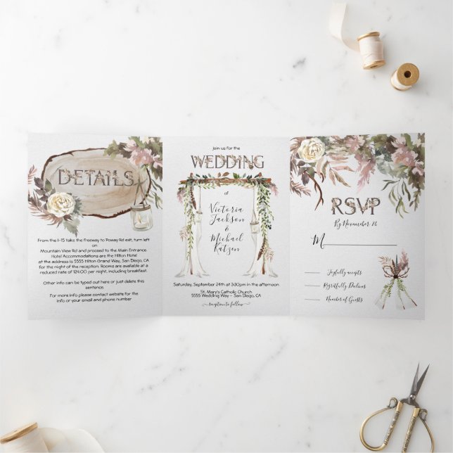 Boho Floral Woodland Wedding Tri-Fold Einladung (Innenseite)