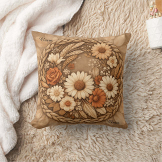 Boho Floral Woven Circle Customizable Throw Pillow Kissen