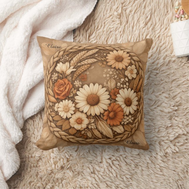 Boho Floral Woven Circle Customizable Throw Pillow Kissen (Decke)