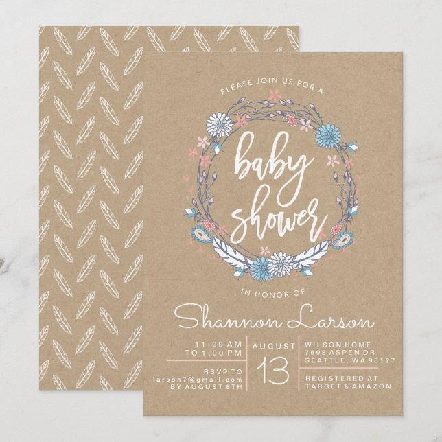 Boho Floral Wreath Baby Shower Einladung (Vorne/Hinten)