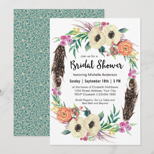 Boho Floral Wreath Brautparty Einladung (Vorne/Hinten)