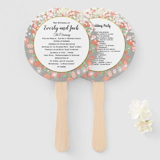 Boho Floral Wreath Coral Gray Gold Wedding Program Fächer (Vorne und Hinten)