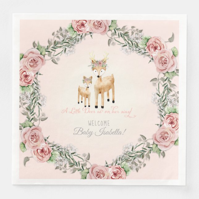 Boho Floral Wreath Deer Antler Baby Girl Shower Serviette (Vorderseite)