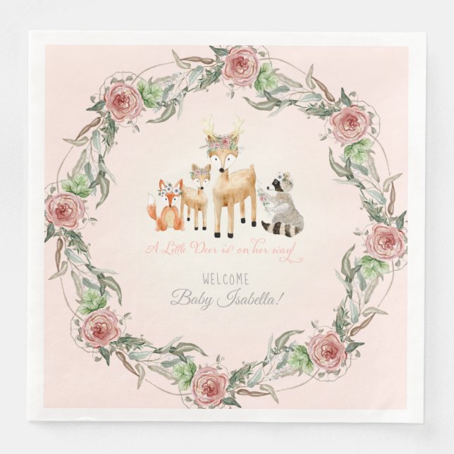 Boho Floral Wreath Woodland Animals Baby Shower Serviette (Vorderseite)