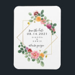 Boho florale botanische Hochzeit rettet das Datum Magnet<br><div class="desc">Eine elegante rustikale Hochzeit bewahrt den Dattelmagneten mit einem botanisch-blumengeschmückten Botanischen Blumendesign um einen geometrischen Rahmen mit schwarzem Text. Suchen Sie nach passenden Hochzeitseinladungen und anderen passenden Gegenständen in Jill's Paperie.</div>