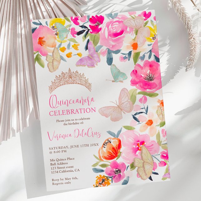 Boho florale Schmetterlinge quinceanera Einladung (Boho floral watercolor butterflies quinceanera invitation)