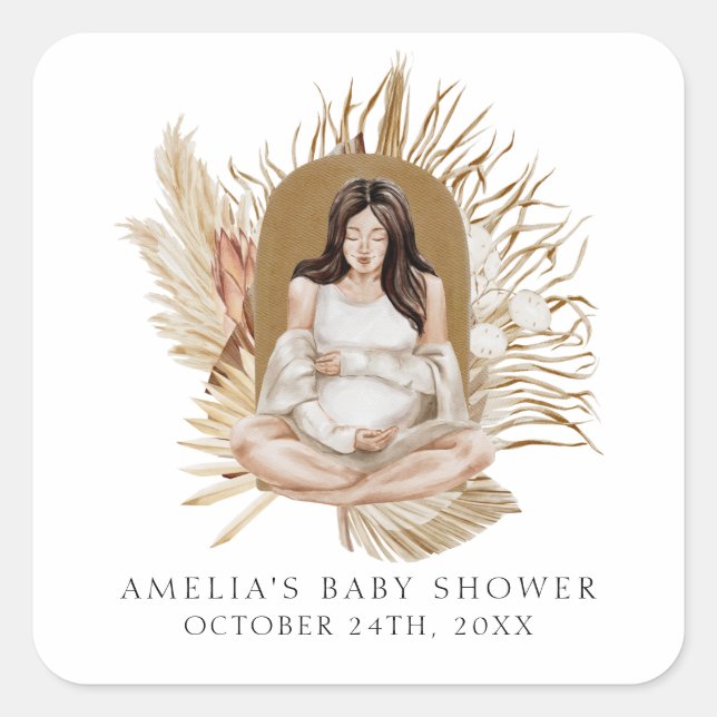Boho Florals Baby Shower Quadratischer Aufkleber (Vorderseite)