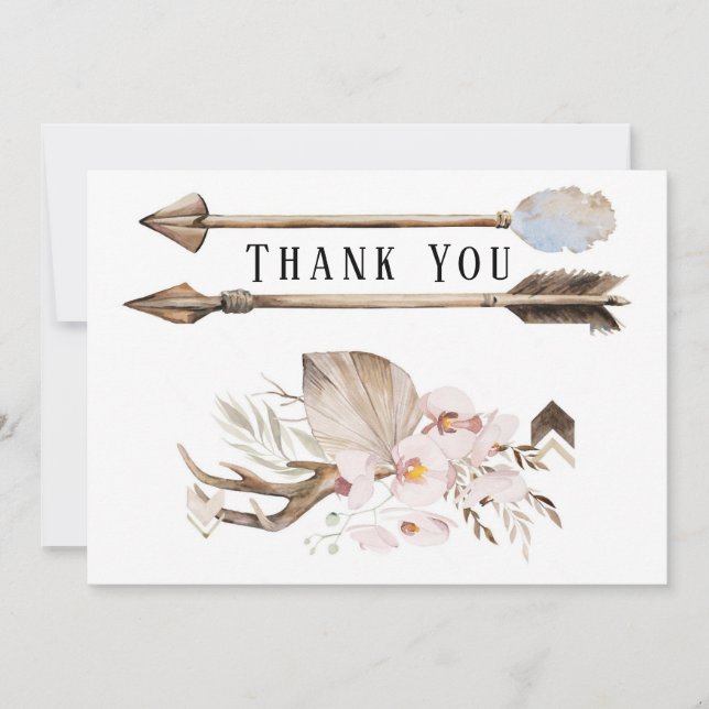 Boho Florals & Deer Antlers Arrows Danke, Cards Einladung (Vorderseite)