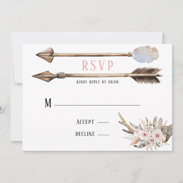 Boho Florals & Deer Antlers Arrows Wedding RSVP Einladung (Vorderseite)