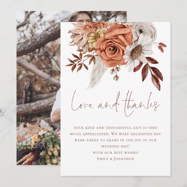 Boho Florals Foto Liebe Dank Brown Text Wedding Karte (Vorne/Hinten)